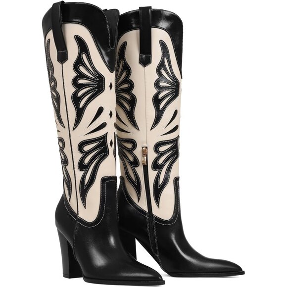 Women's Black Pointed Toe Chunky High Heels Butterfly Cowgirl Boots Wide Calf - Picture 4 of 7